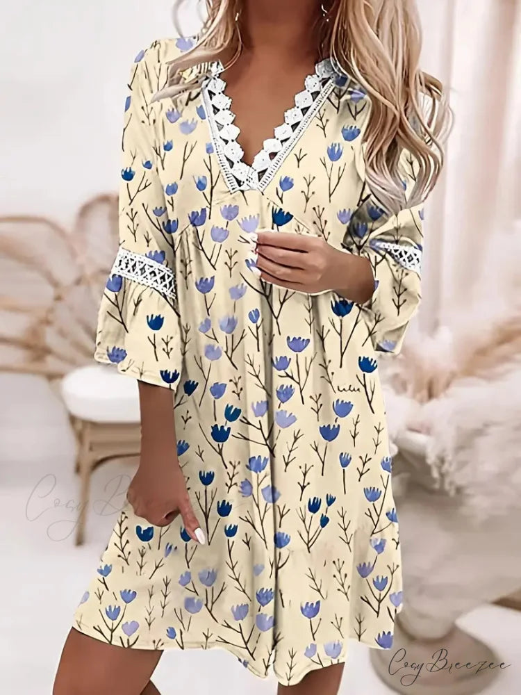 Stitching Lace and Design Gown with V Bohemian Flowered Neck S / Pink