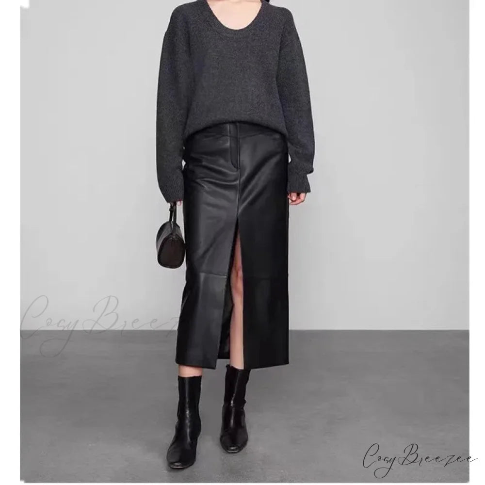 Straight Genuine Sheepskin Black Elegant Long Autumn Winter Skirt