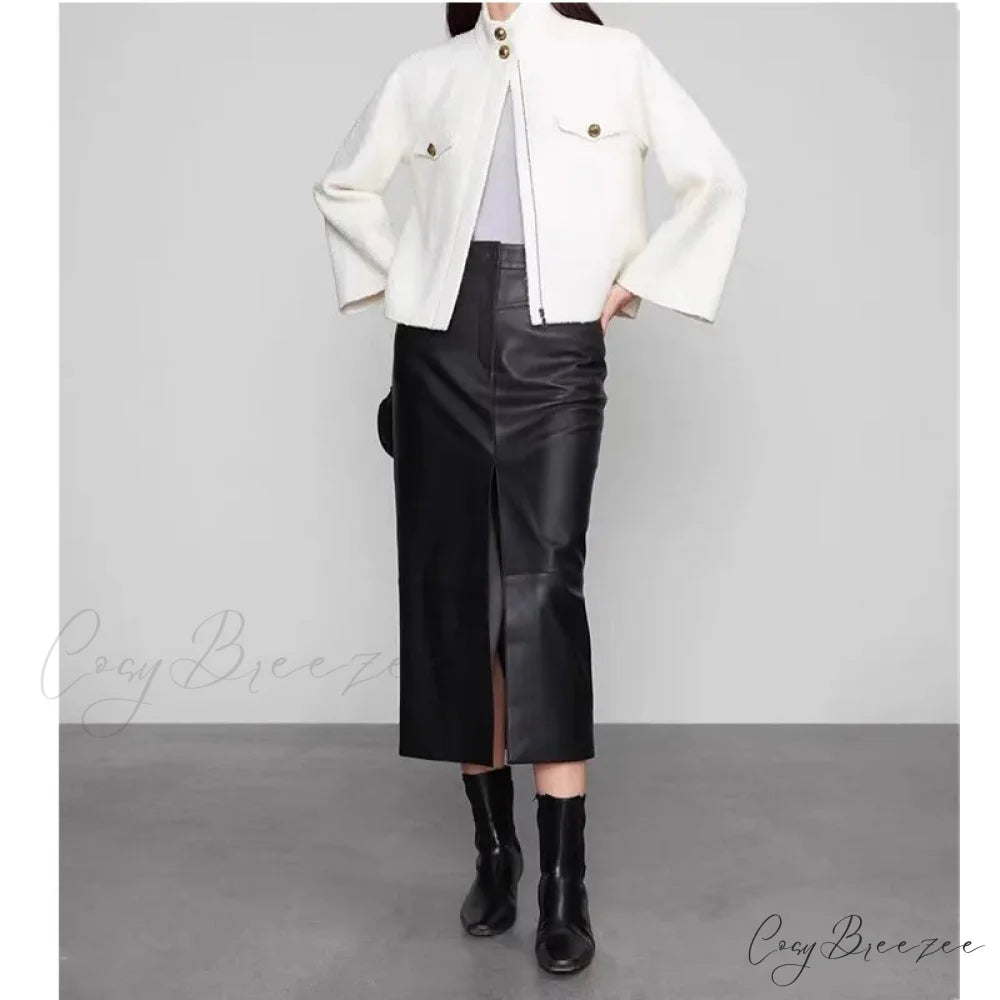 Straight Genuine Sheepskin Black Elegant Long Autumn Winter Skirt