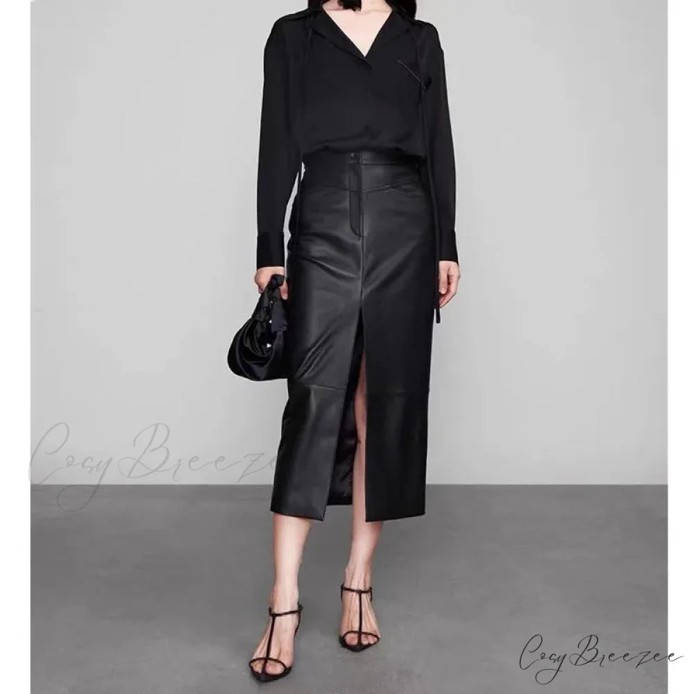 Straight Genuine Sheepskin Black Elegant Long Autumn Winter Skirt