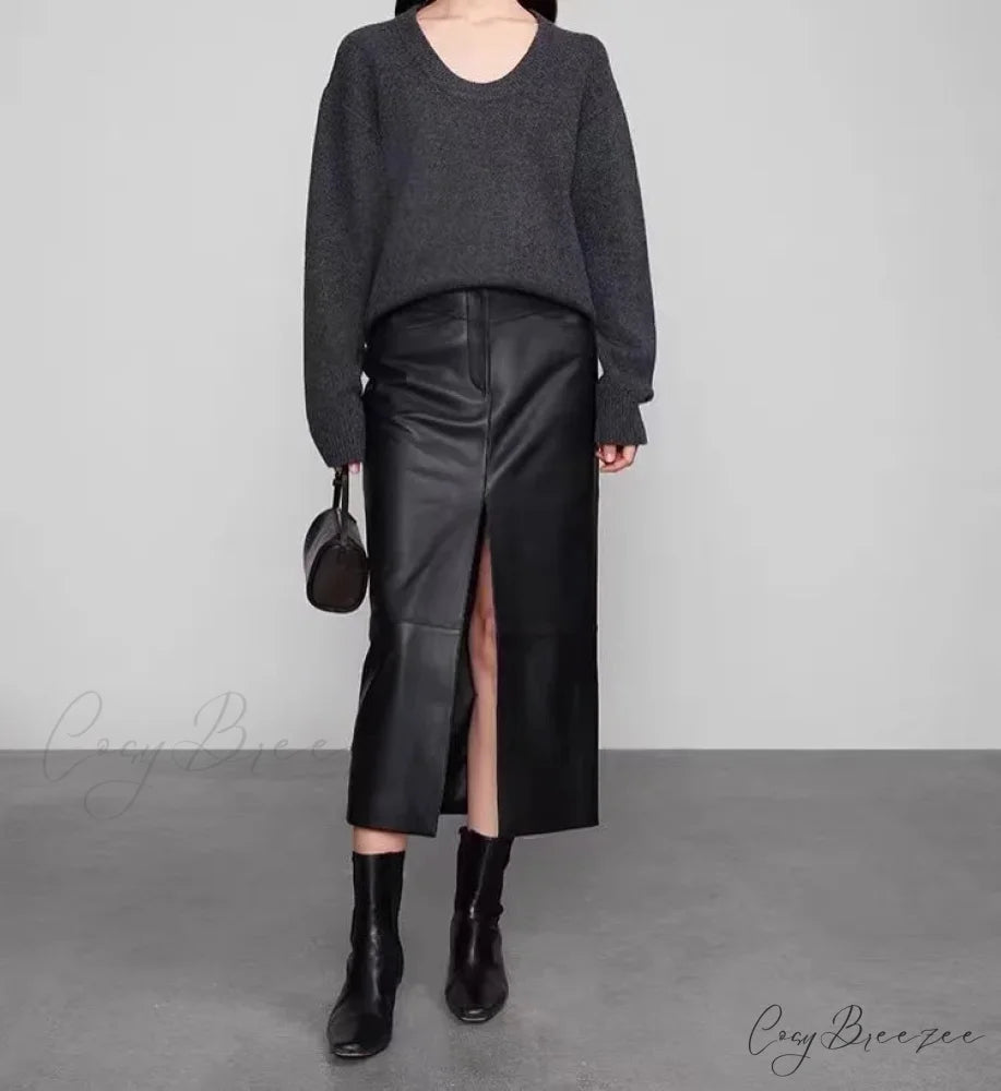 Straight Genuine Sheepskin Black Elegant Long Autumn Winter Skirt BLACK / S