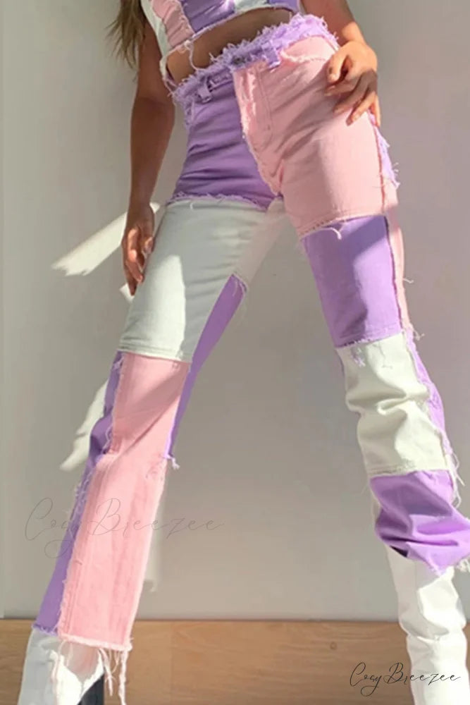 Straight-leg Jeans with Panels Pink / XS
