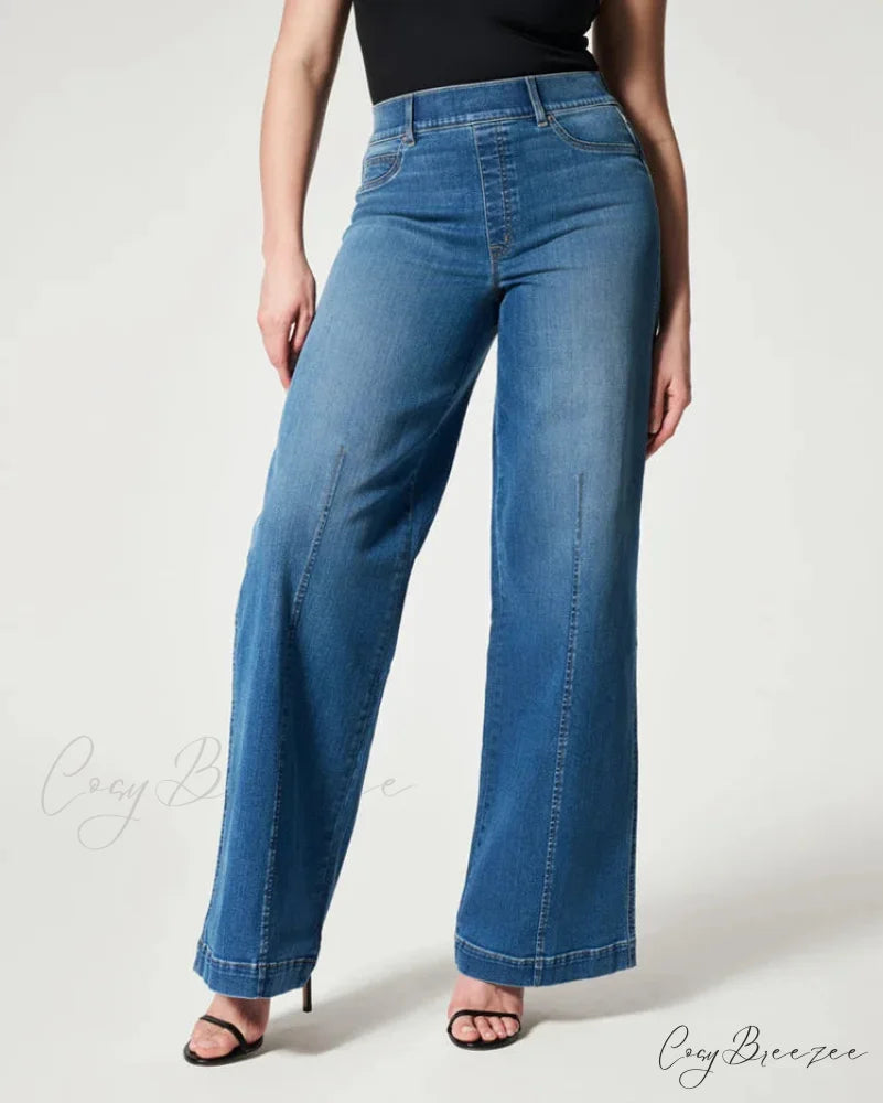 Straight Leg Stretch Fit High Waist Wide Indigo Lounge Stylish Jean Dark Blue / S