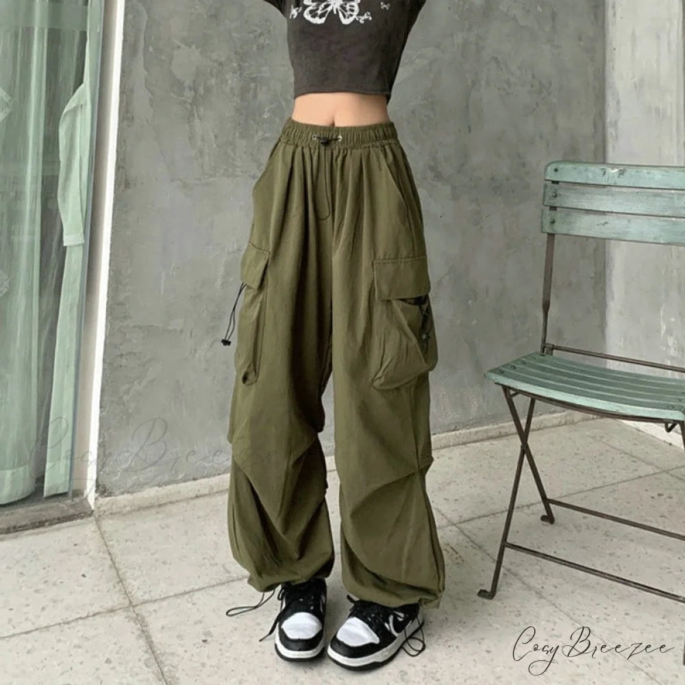 Straight Trousers Fashion Wide Leg Pockets Joggers Trousers Army Green / S
