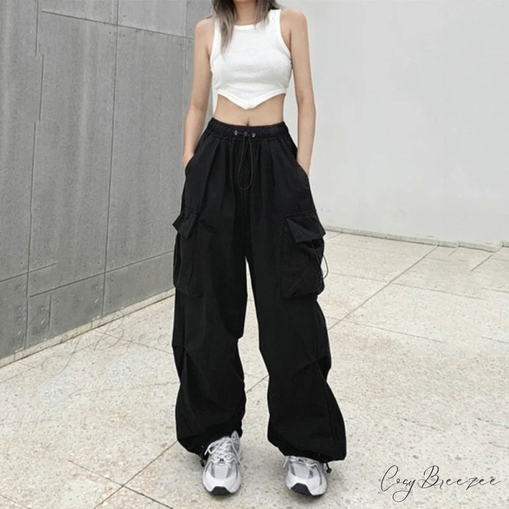 Straight Trousers Fashion Wide Leg Pockets Joggers Trousers Black / S