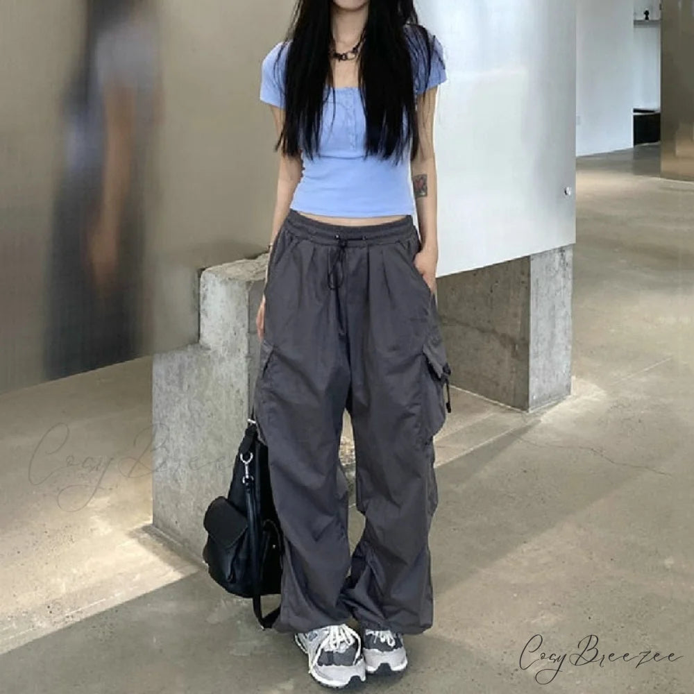 Straight Trousers Fashion Wide Leg Pockets Joggers Trousers Gray / S