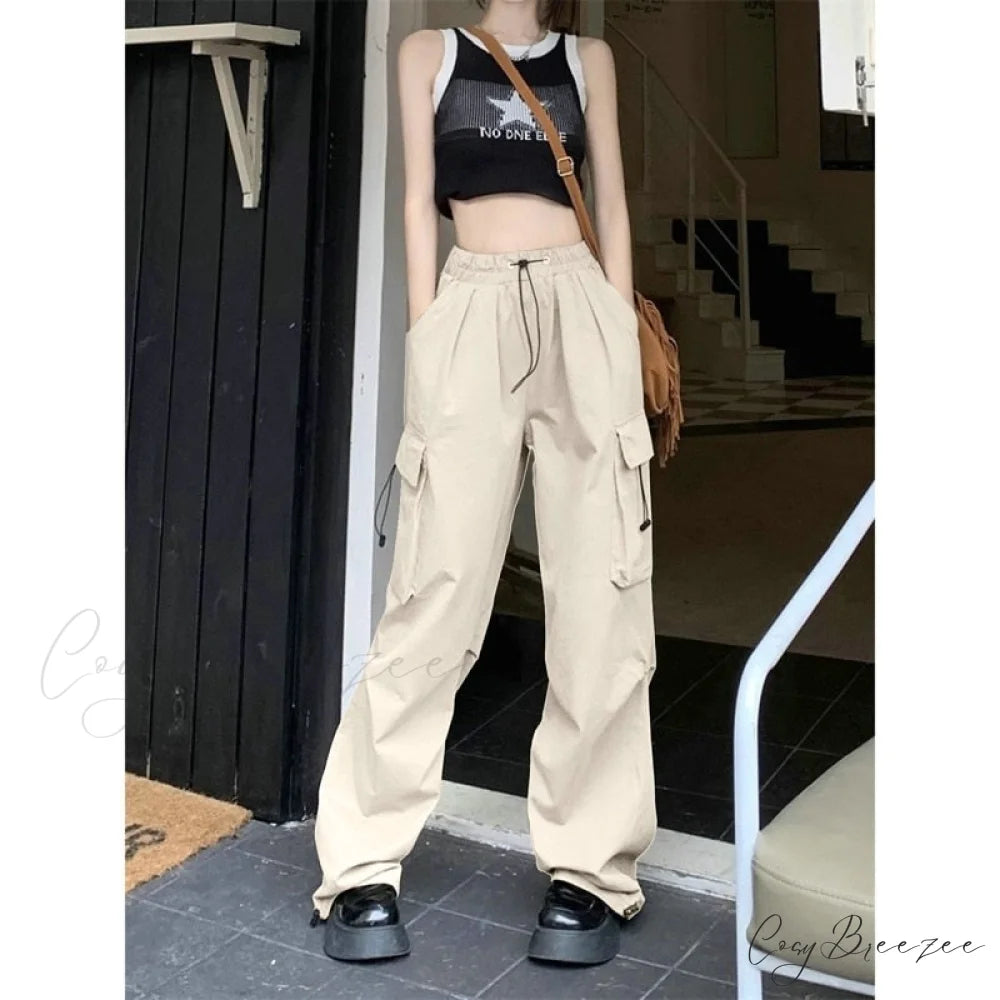Straight Trousers Fashion Wide Leg Pockets Joggers Trousers Khaki / S