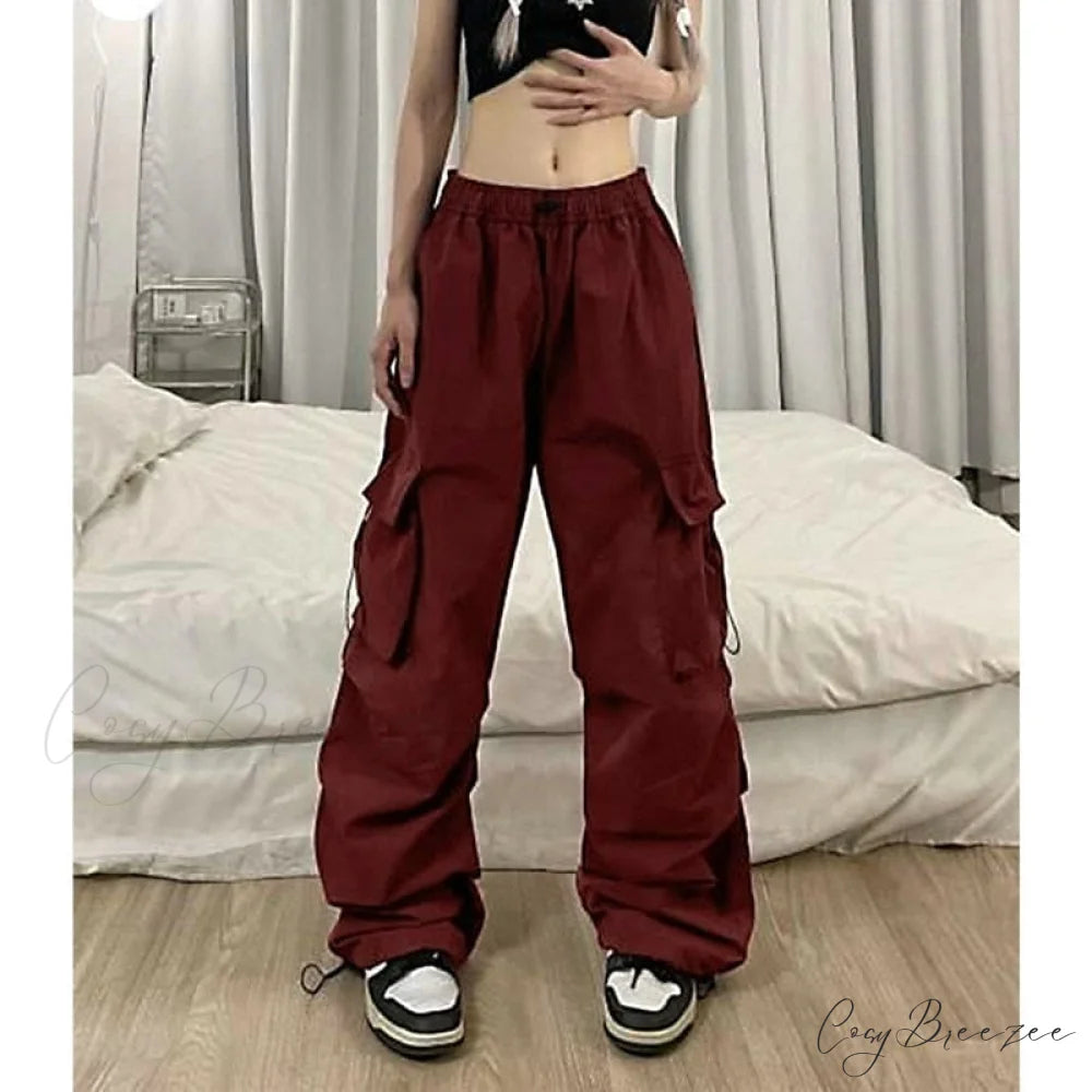 Straight Trousers Fashion Wide Leg Pockets Joggers Trousers Red / S