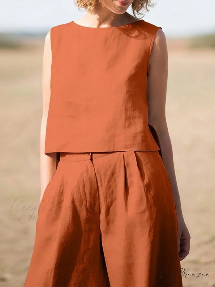 Straight Wide Set + for O-Neck Pants Two Blouse Sleeveless Solid Piece Top Color Vintage Suit Leg Women