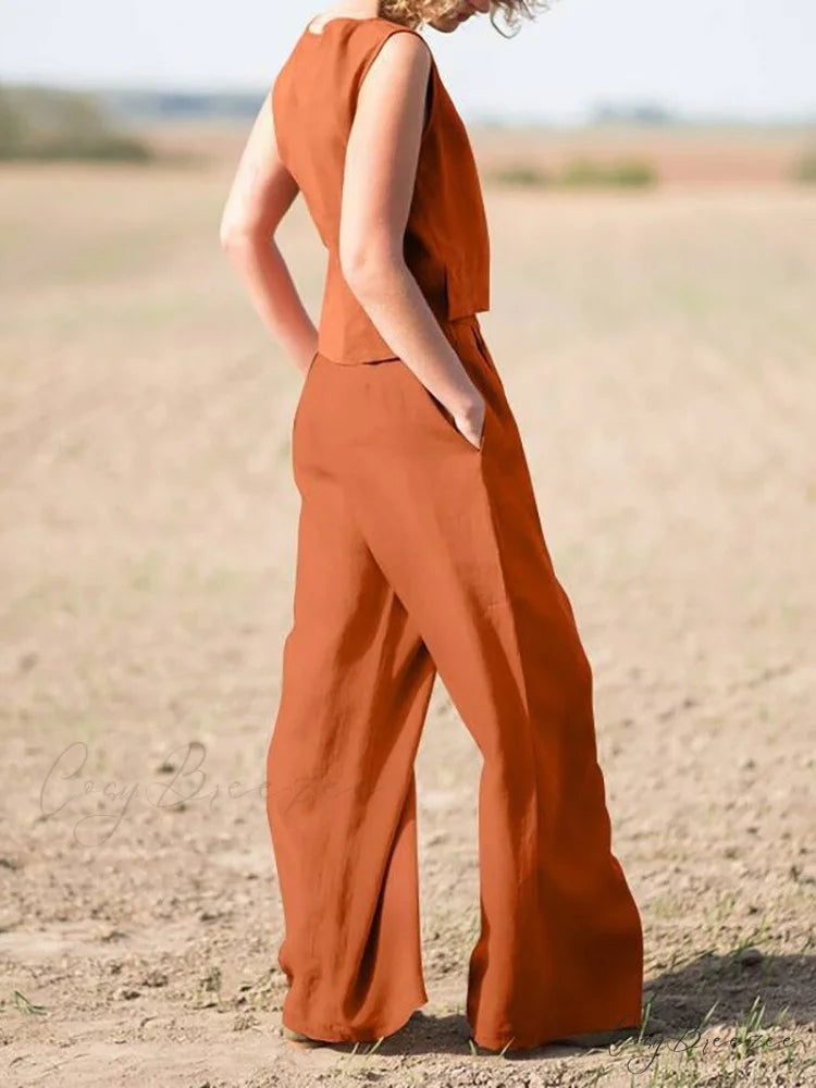 Straight Wide Set + for O-Neck Pants Two Blouse Sleeveless Solid Piece Top Color Vintage Suit Leg Women