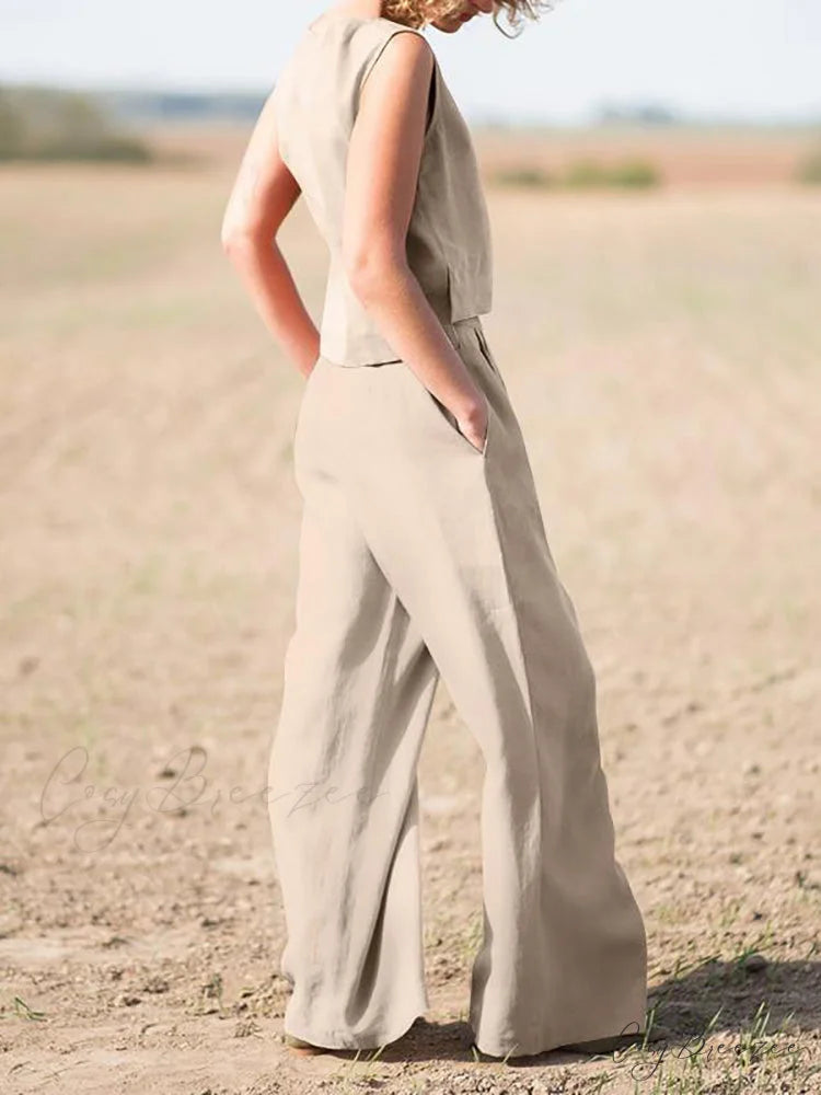 Straight Wide Set + for O-Neck Pants Two Blouse Sleeveless Solid Piece Top Color Vintage Suit Leg Women