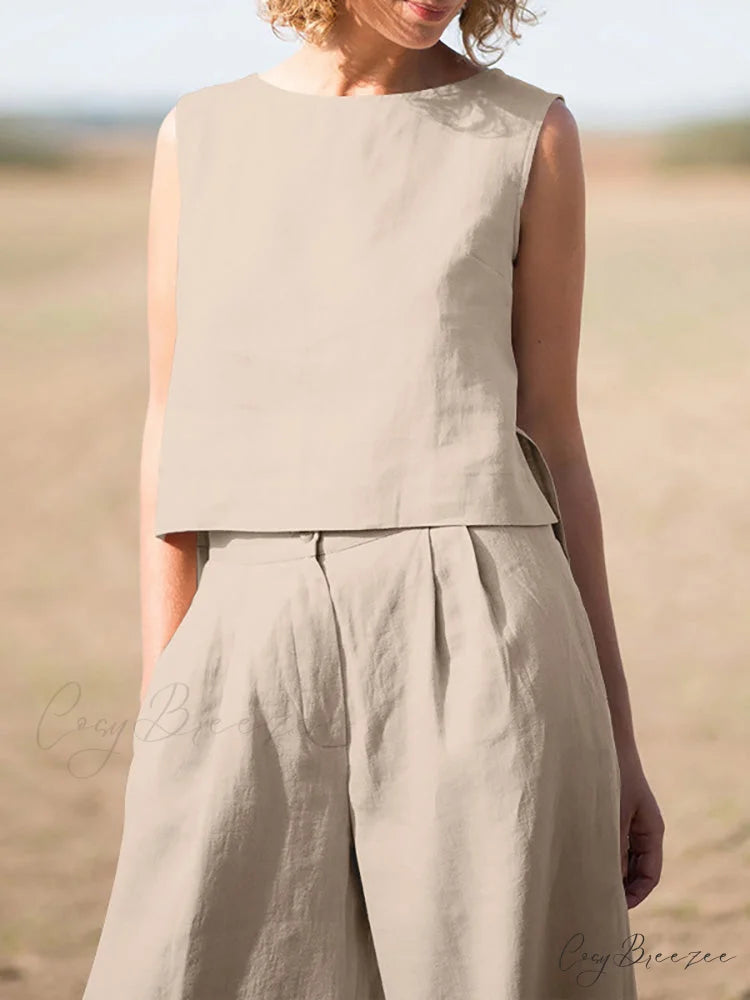 Straight Wide Set + for O-Neck Pants Two Blouse Sleeveless Solid Piece Top Color Vintage Suit Leg Women