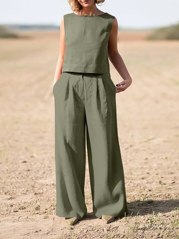 Straight Wide Set + for O-Neck Pants Two Blouse Sleeveless Solid Piece Top Color Vintage Suit Leg Women Army green / S