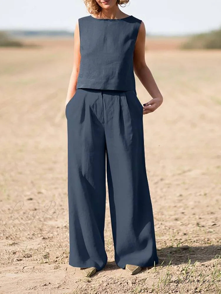 Straight Wide Set + for O-Neck Pants Two Blouse Sleeveless Solid Piece Top Color Vintage Suit Leg Women Dark Blue / S