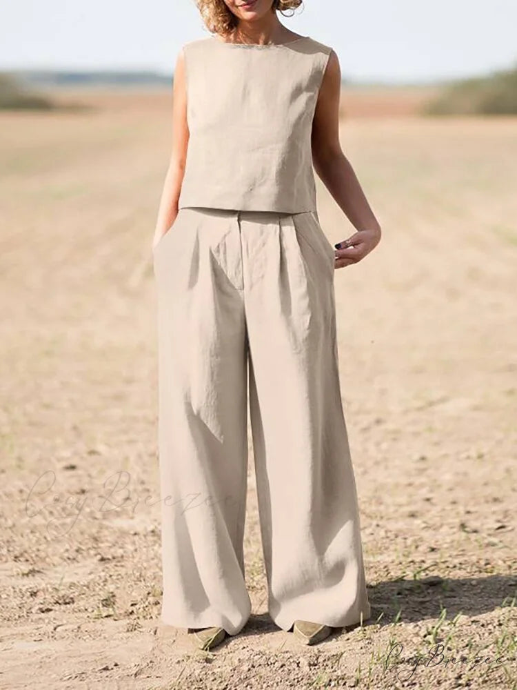 Straight Wide Set + for O-Neck Pants Two Blouse Sleeveless Solid Piece Top Color Vintage Suit Leg Women Khaki / S