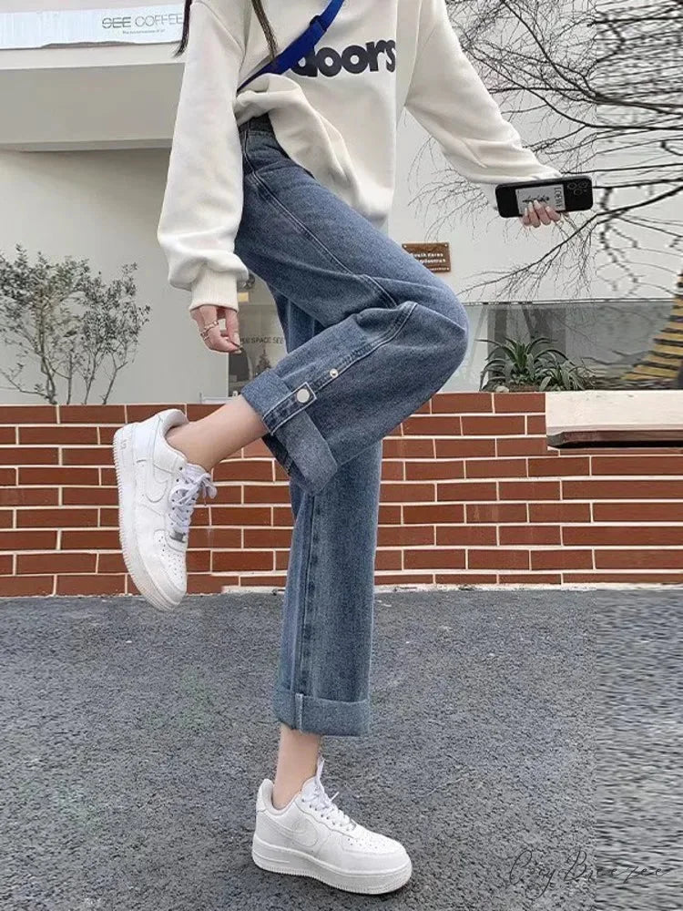 Straight Women’s Spring New Scheming Design Niche High Waist Thin Retro Wide Leg Jean Blue / S