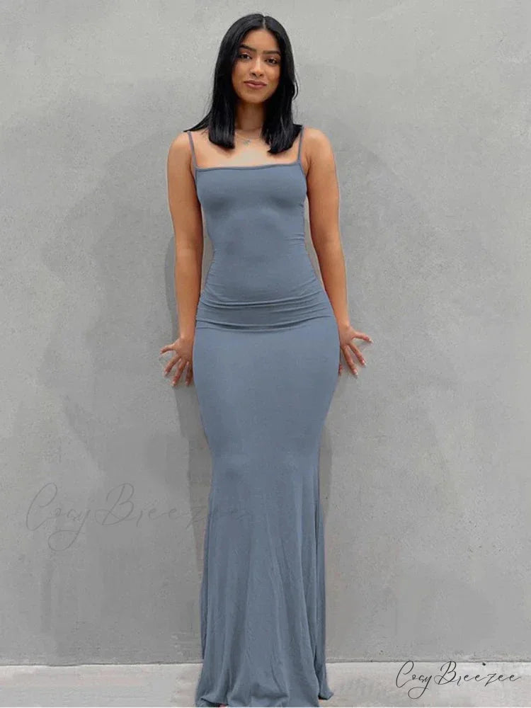 Strap Backless Long Casual Maxi Dress Blue / S
