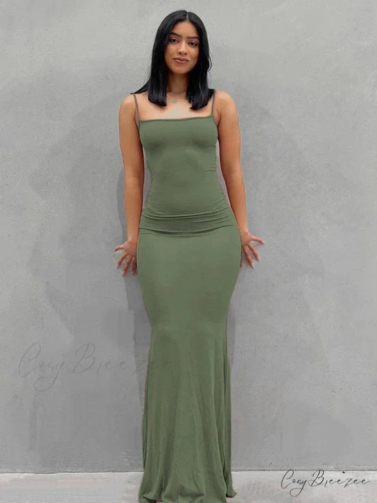 Strap Backless Long Casual Maxi Dress Green / S