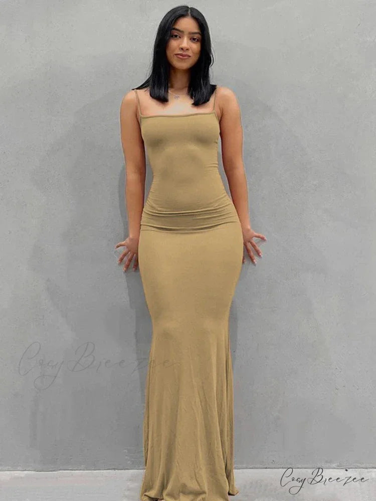 Strap Backless Long Casual Maxi Dress Khaki / S