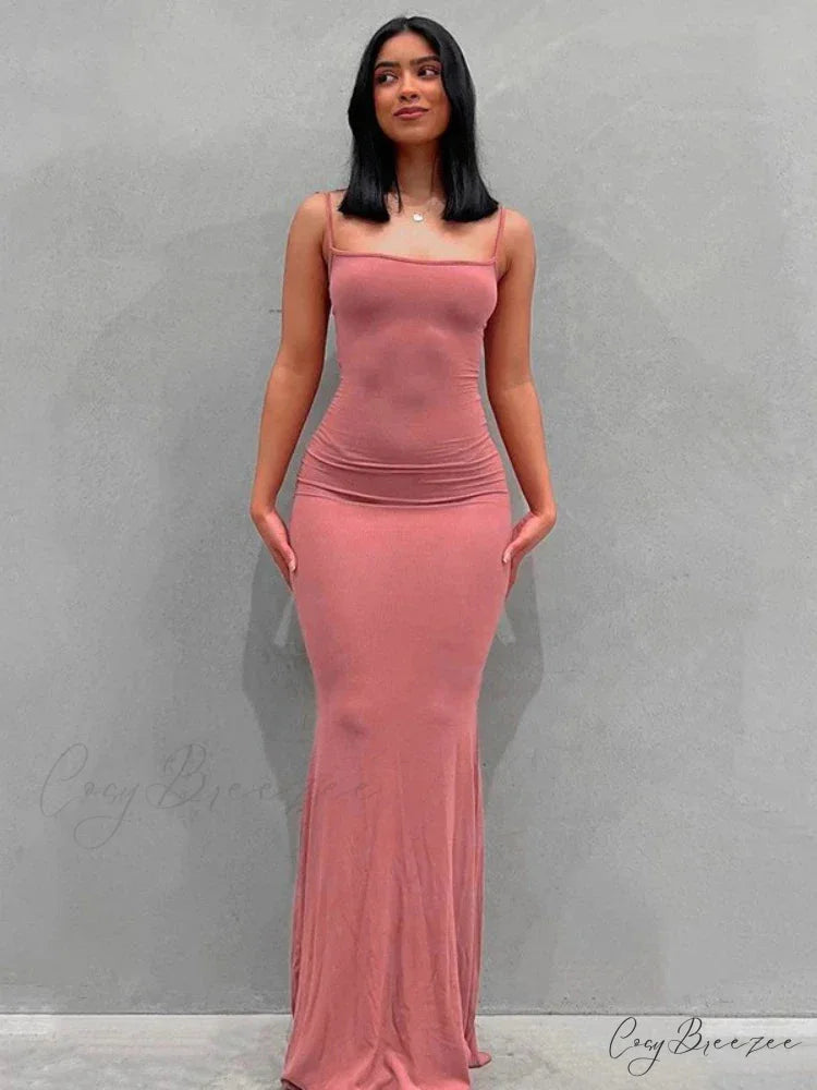 Strap Backless Long Casual Maxi Dress Pink / S