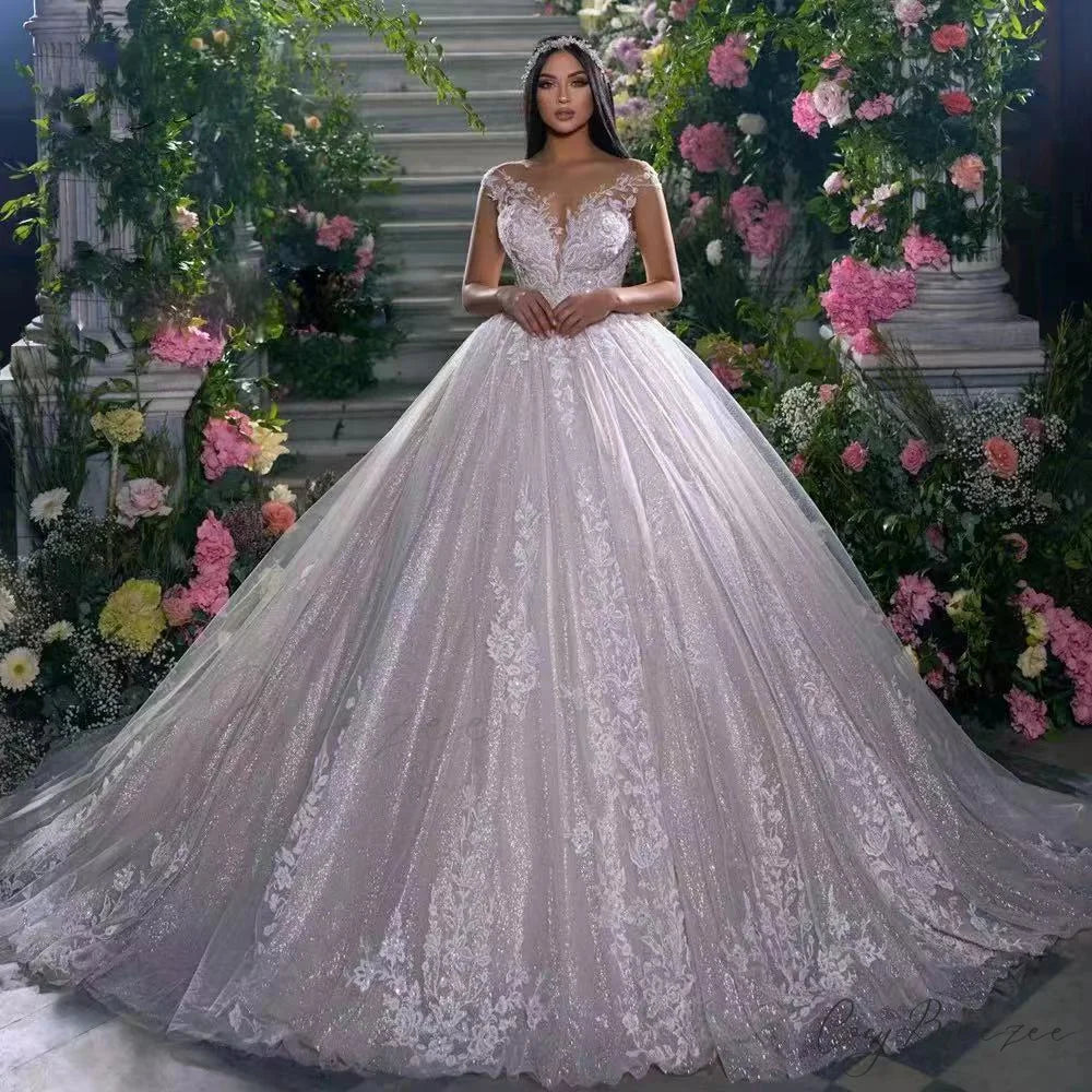 Strap-Free Lace Lengthy Train Bridal Gown Ivory white / 2 weddingdress-250223