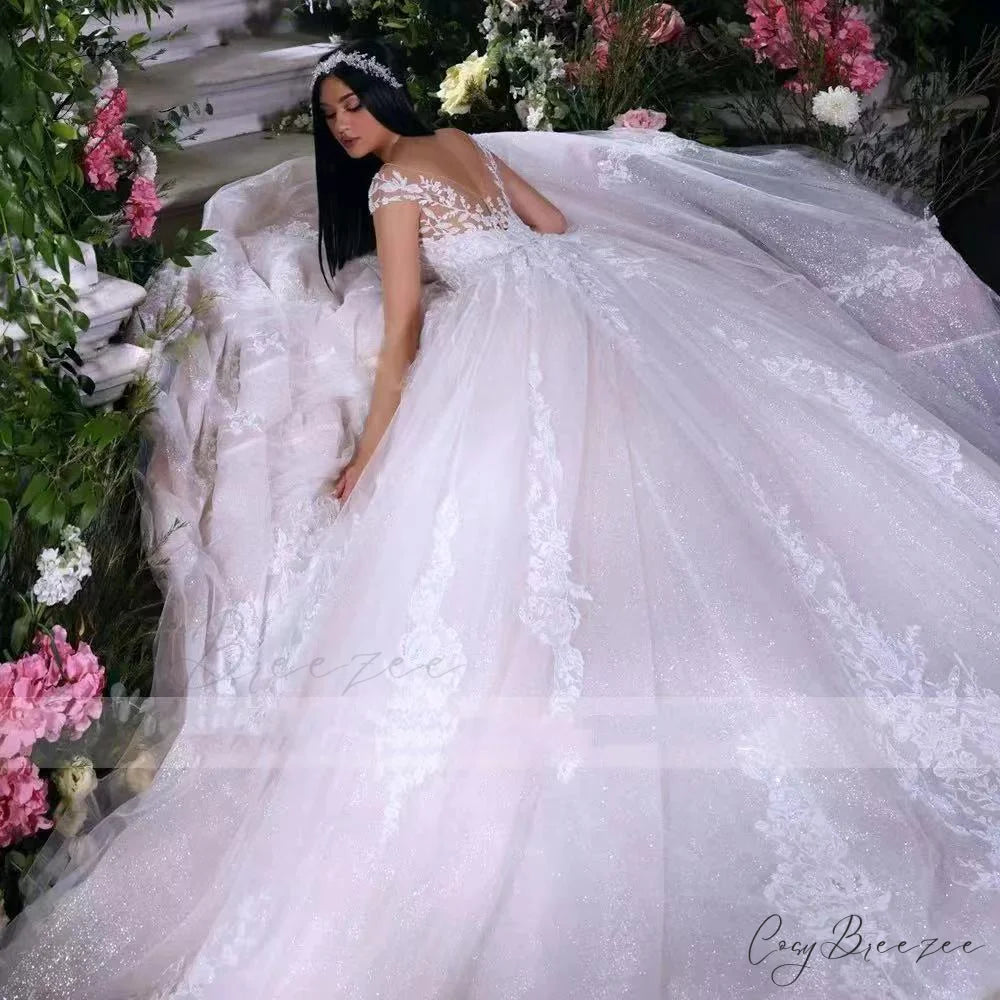 Strap-Free Lace Lengthy Train Bridal Gown white / 2 weddingdress-250223