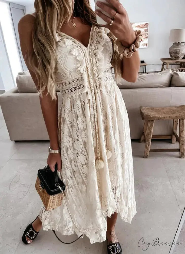 Strap Sleeveless Deep V-neck Lace Maxi White Boho Dress bohodress-250126