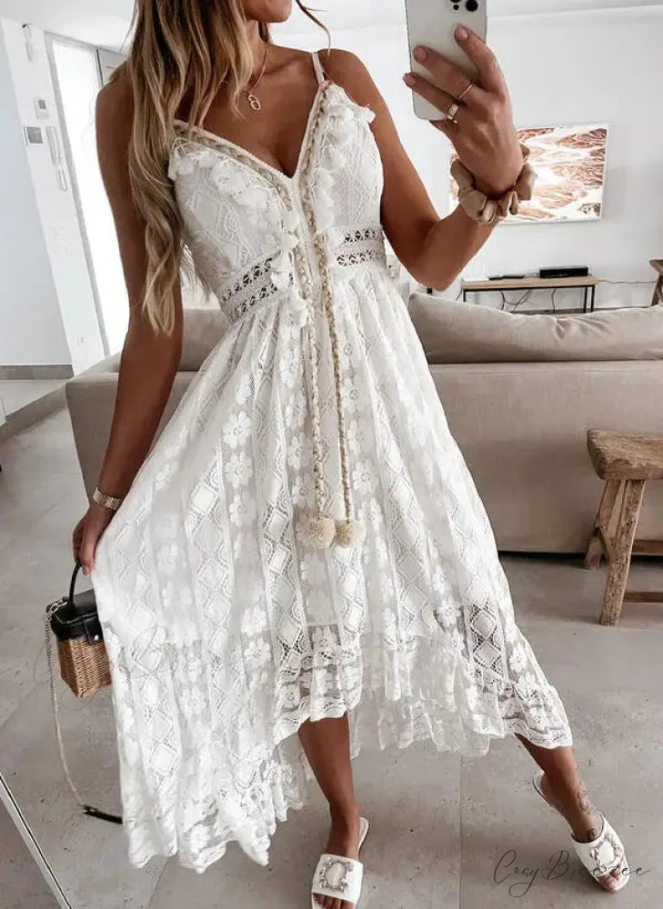 Strap Sleeveless Deep V-neck Lace Maxi White Boho Dress bohodress-250126