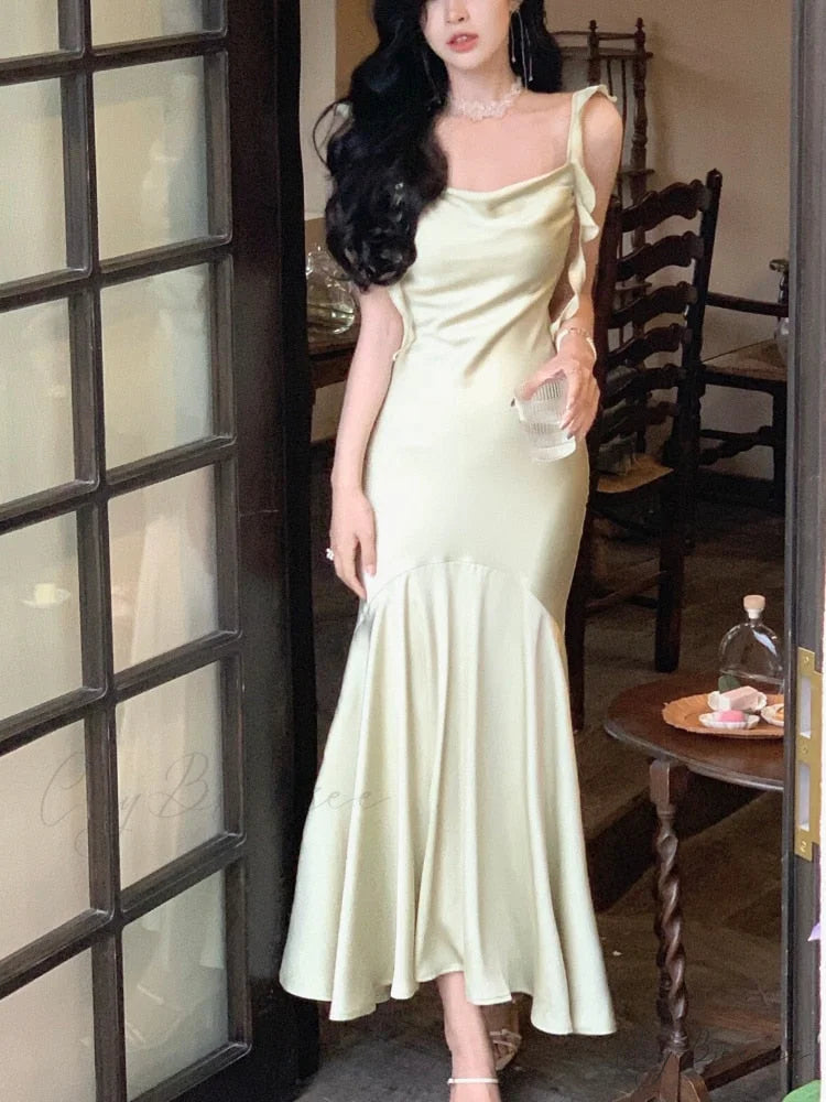 Strap Vintage Gown - Party Elegant Satin Midi Korean - Casual Gown Fashion Light Green / S