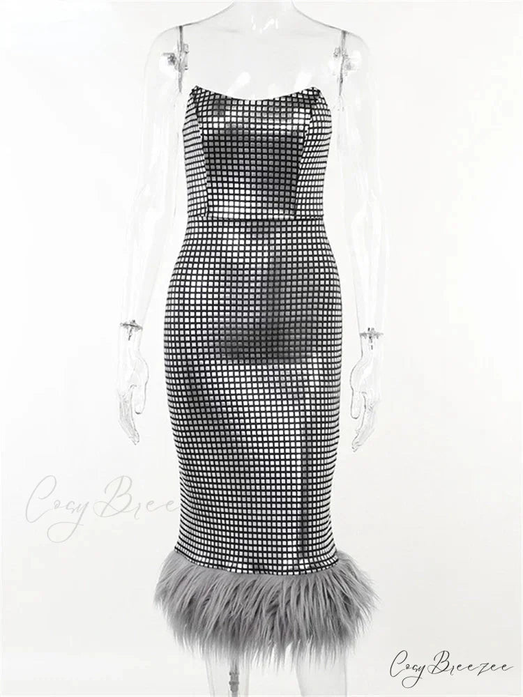 Strapless Backless Evening Party Club Elegant Faux Fur Slim Midi Dress