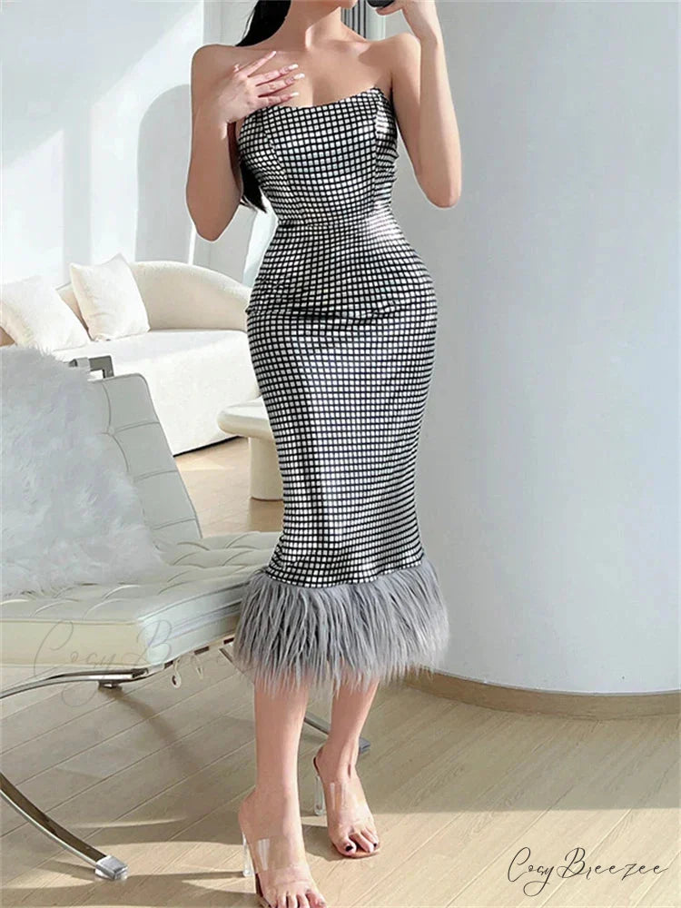 Strapless Backless Evening Party Club Elegant Faux Fur Slim Midi Dress GRAY / S