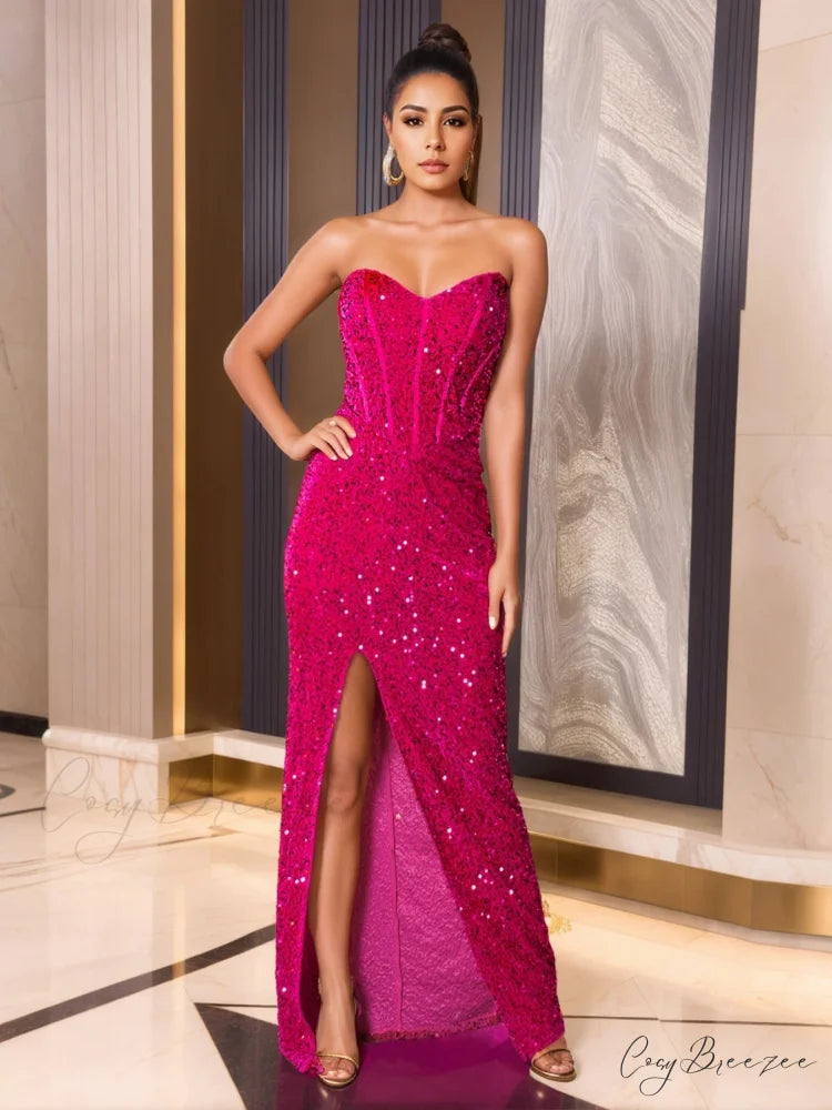 Strapless Fish Bone Slit Party Dress