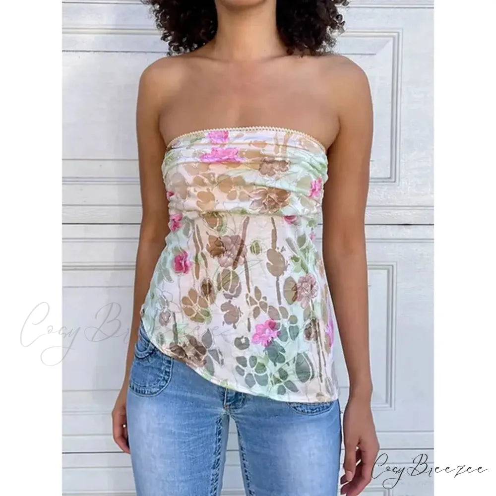 Strapless Flower Print Crop Top croptop-250223