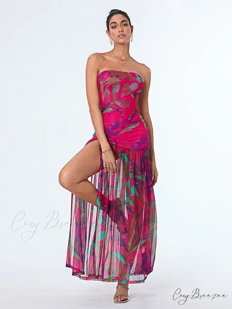 Strapless High Slit Mesh Hem Floral Dress floraldress-250126