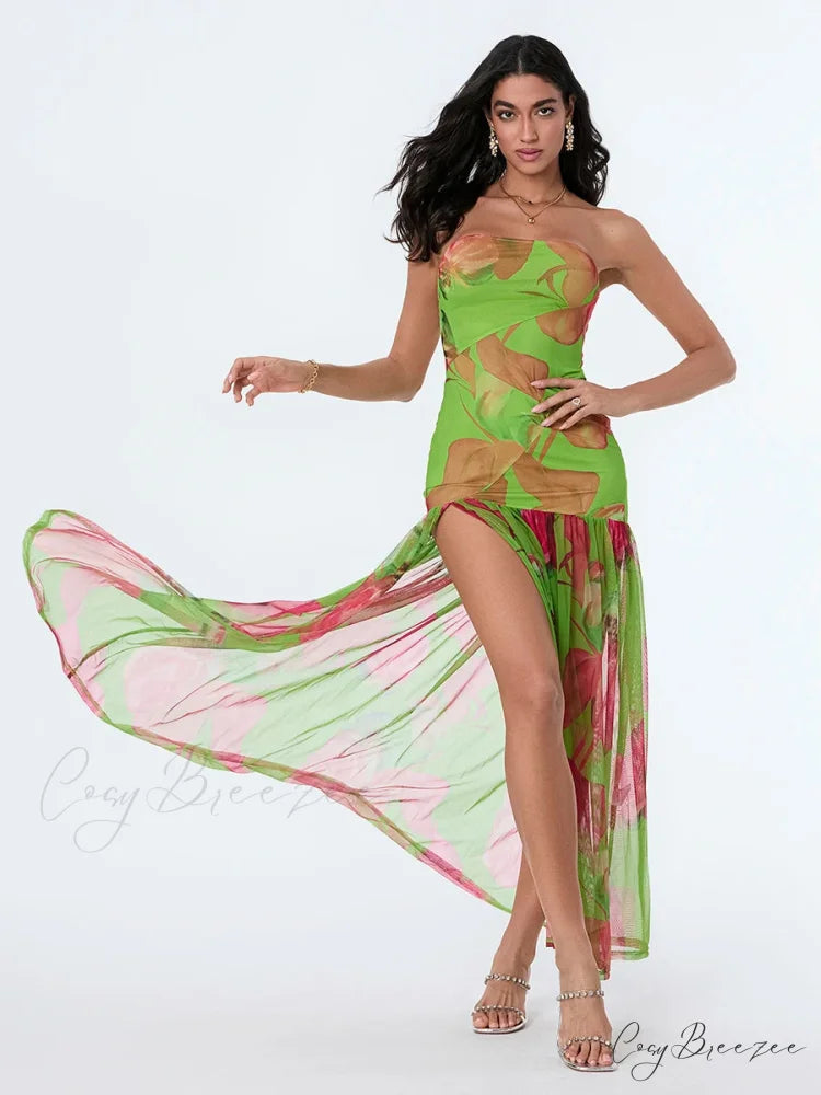 Strapless High Slit Mesh Hem Floral Dress floraldress-250126