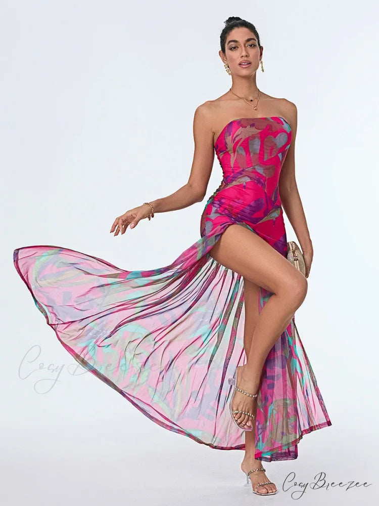 Strapless High Slit Mesh Hem Floral Dress floraldress-250126