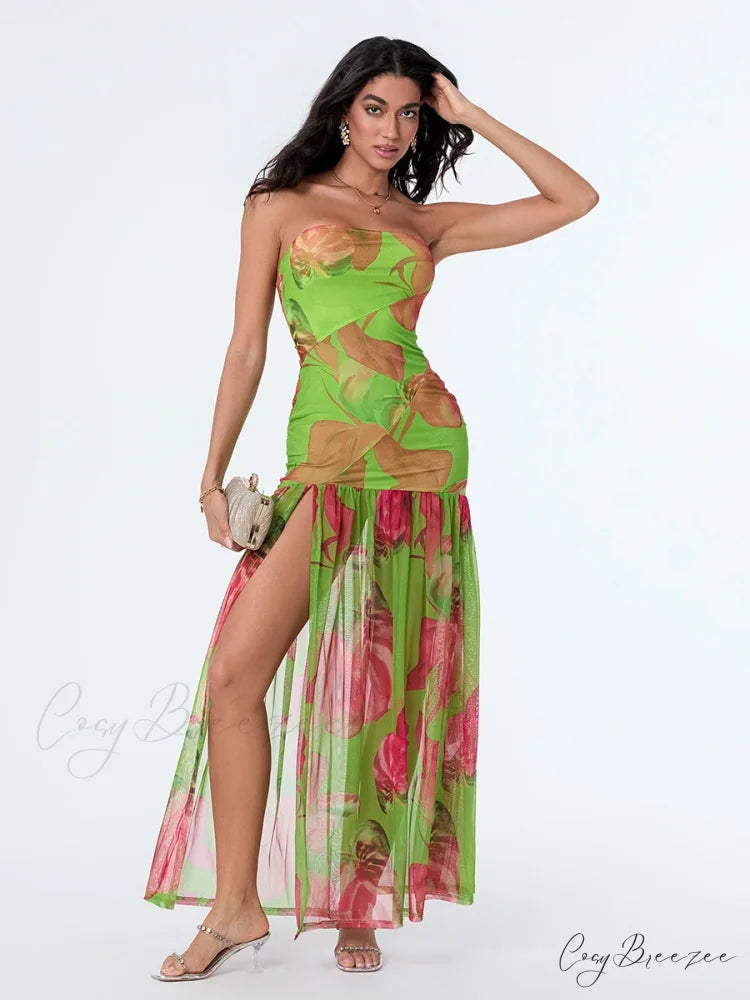 Strapless High Slit Mesh Hem Floral Dress GREEN / S floraldress-250126
