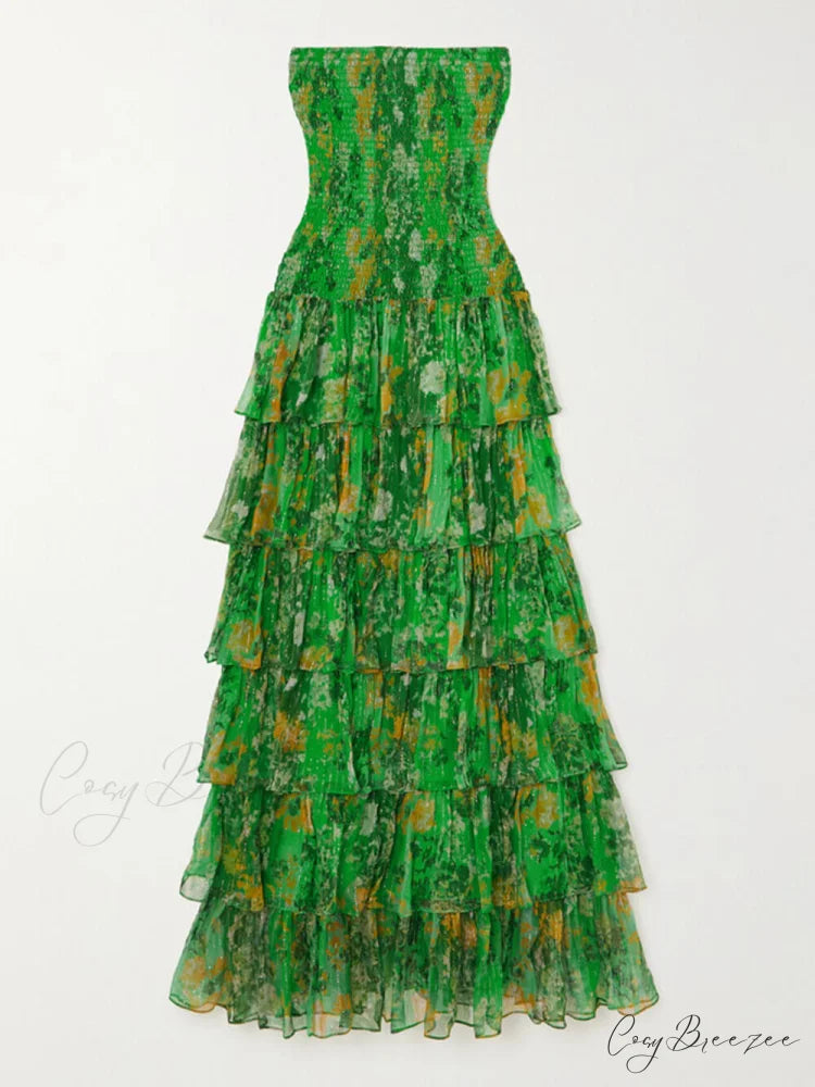 Strapless Layered Bandeau Charming Floral Print Maxi Dress