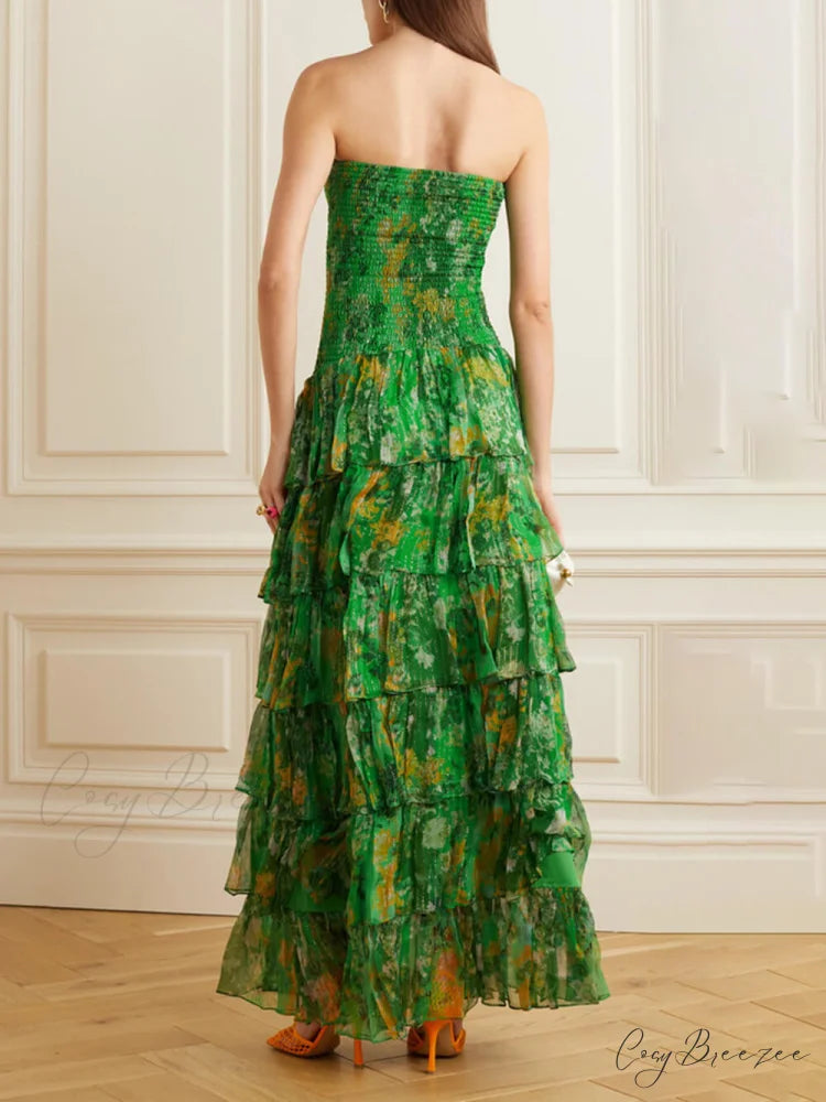 Strapless Layered Bandeau Charming Floral Print Maxi Dress