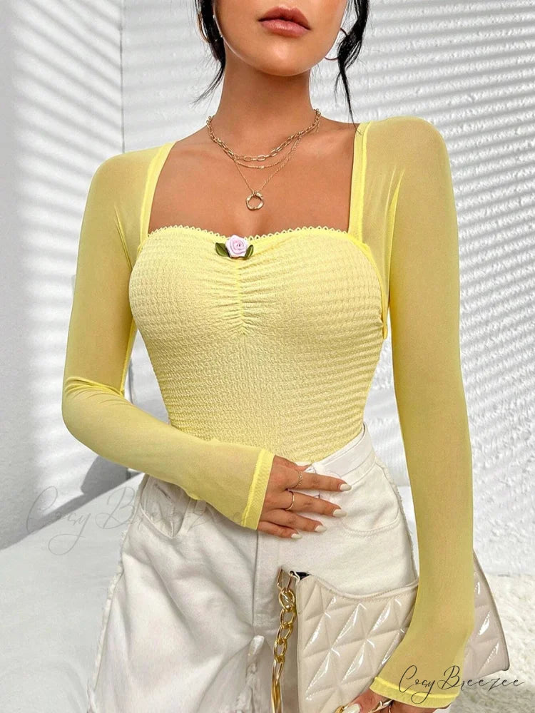 Strapless Low-cut Mesh Cutout Long Sleeve Crop Top Yellow / S croptop-250126
