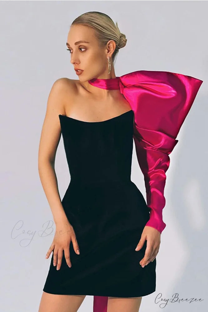Strapless Mini Dress with Bow-Tie Sleeve Rose Red / M