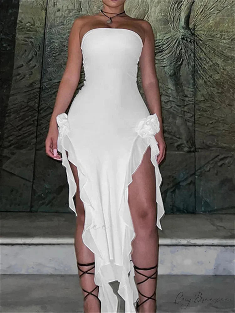 Strapless Off Shoulder Elegant Women Party Clubwear Flowers Patchwork High Split Solid Summer Vestidos WHITE / S