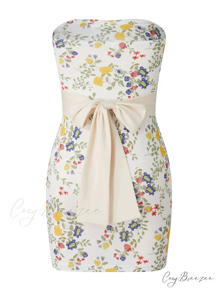 Strapless Off Shoulder Tube Sexy Floral Print Slim Mini Dress