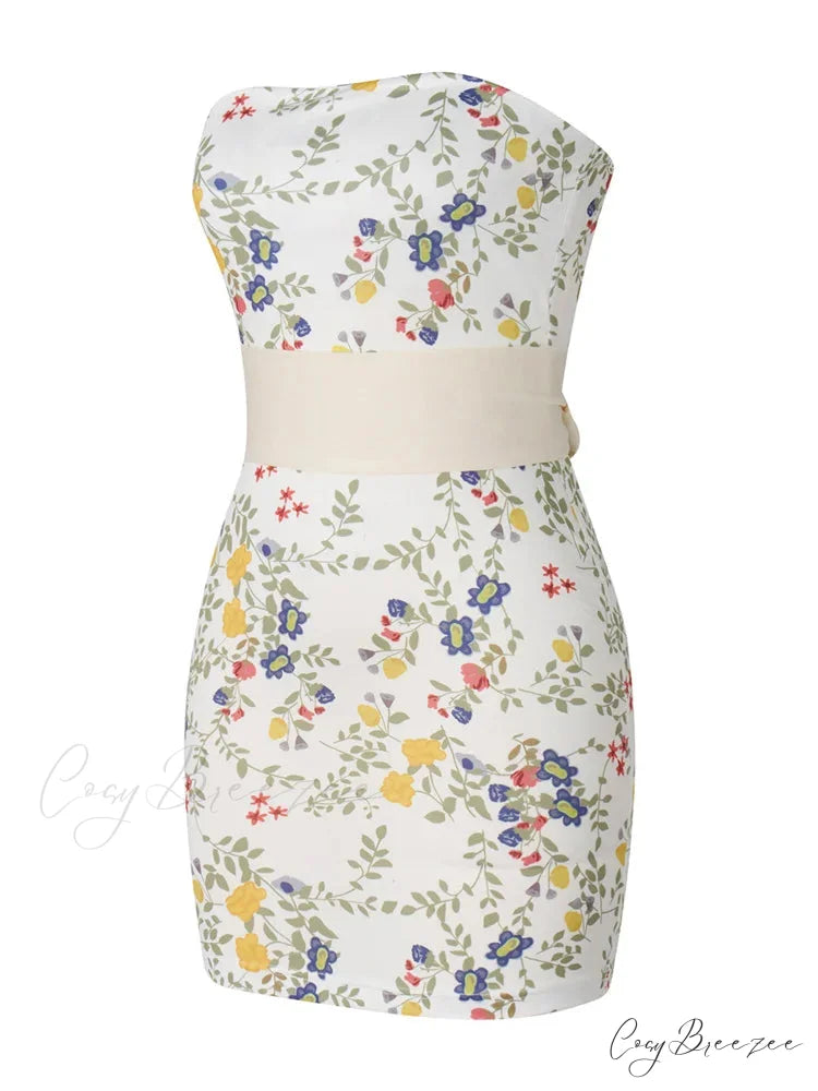 Strapless Off Shoulder Tube Sexy Floral Print Slim Mini Dress
