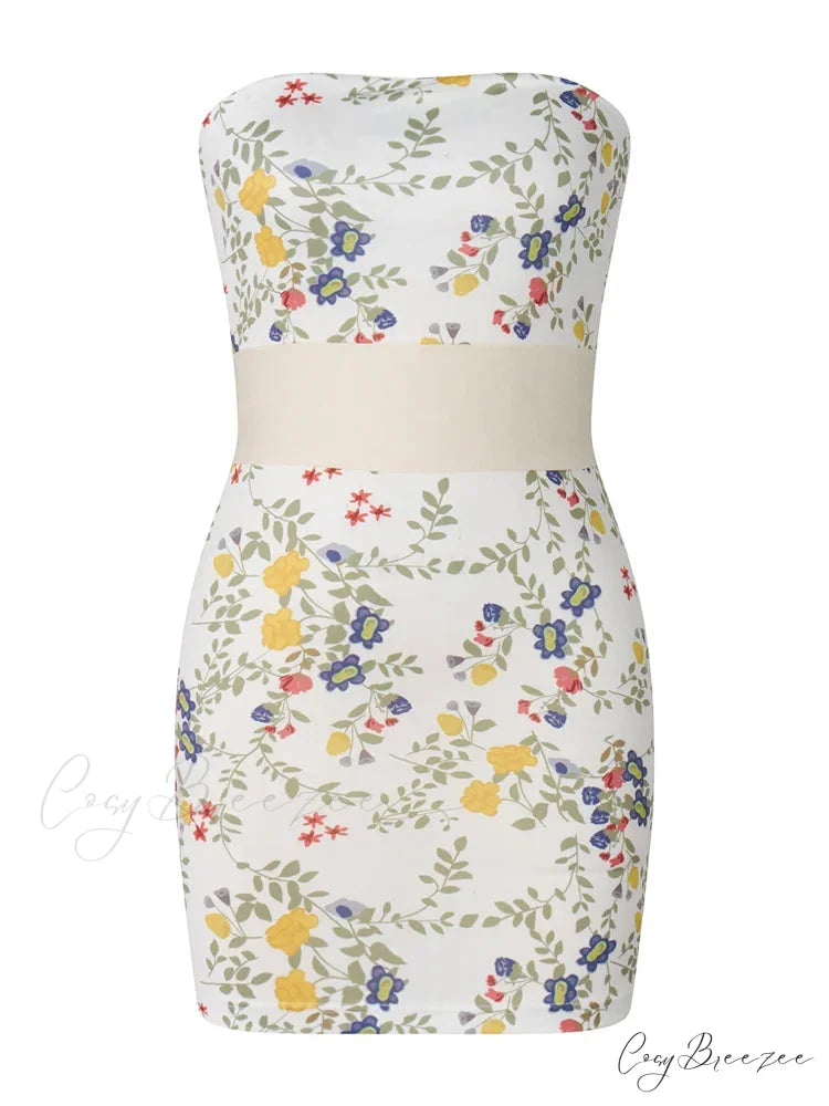 Strapless Off Shoulder Tube Sexy Floral Print Slim Mini Dress