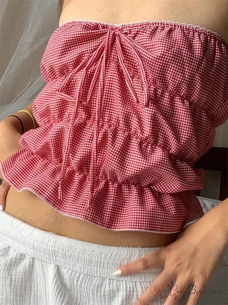 Strapless Plaid Ruched Backless Tube Crop Top croptop-250126