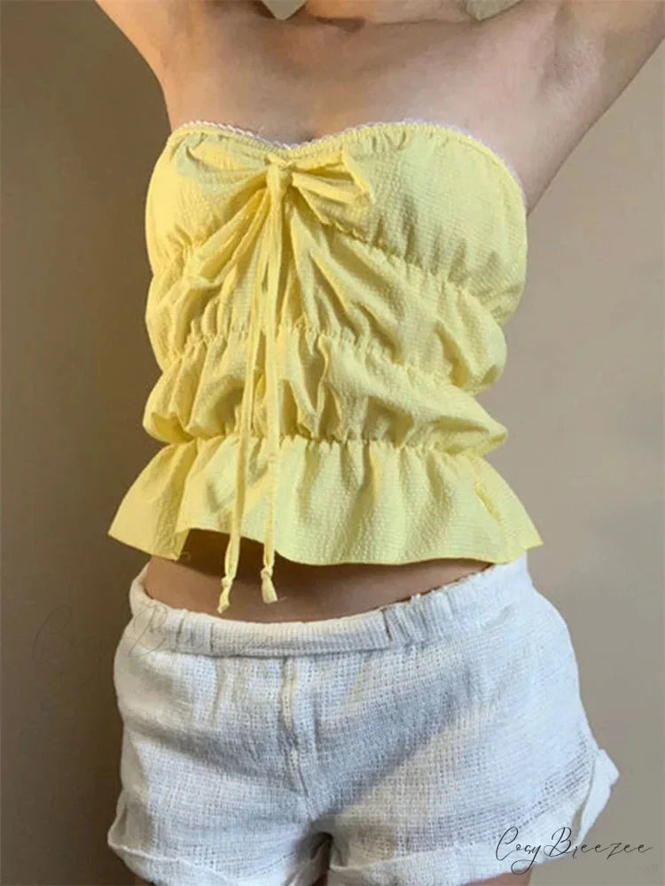 Strapless Plaid Ruched Backless Tube Crop Top croptop-250126