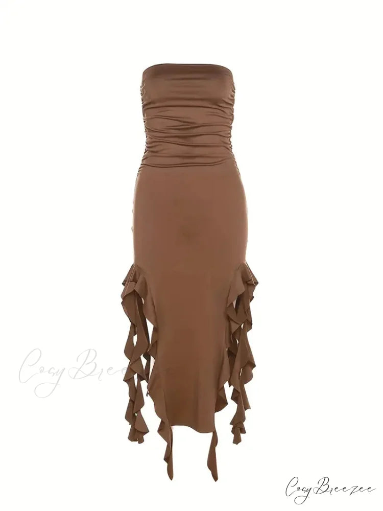 Strapless Ruched Side Slit Party Dress S / Black