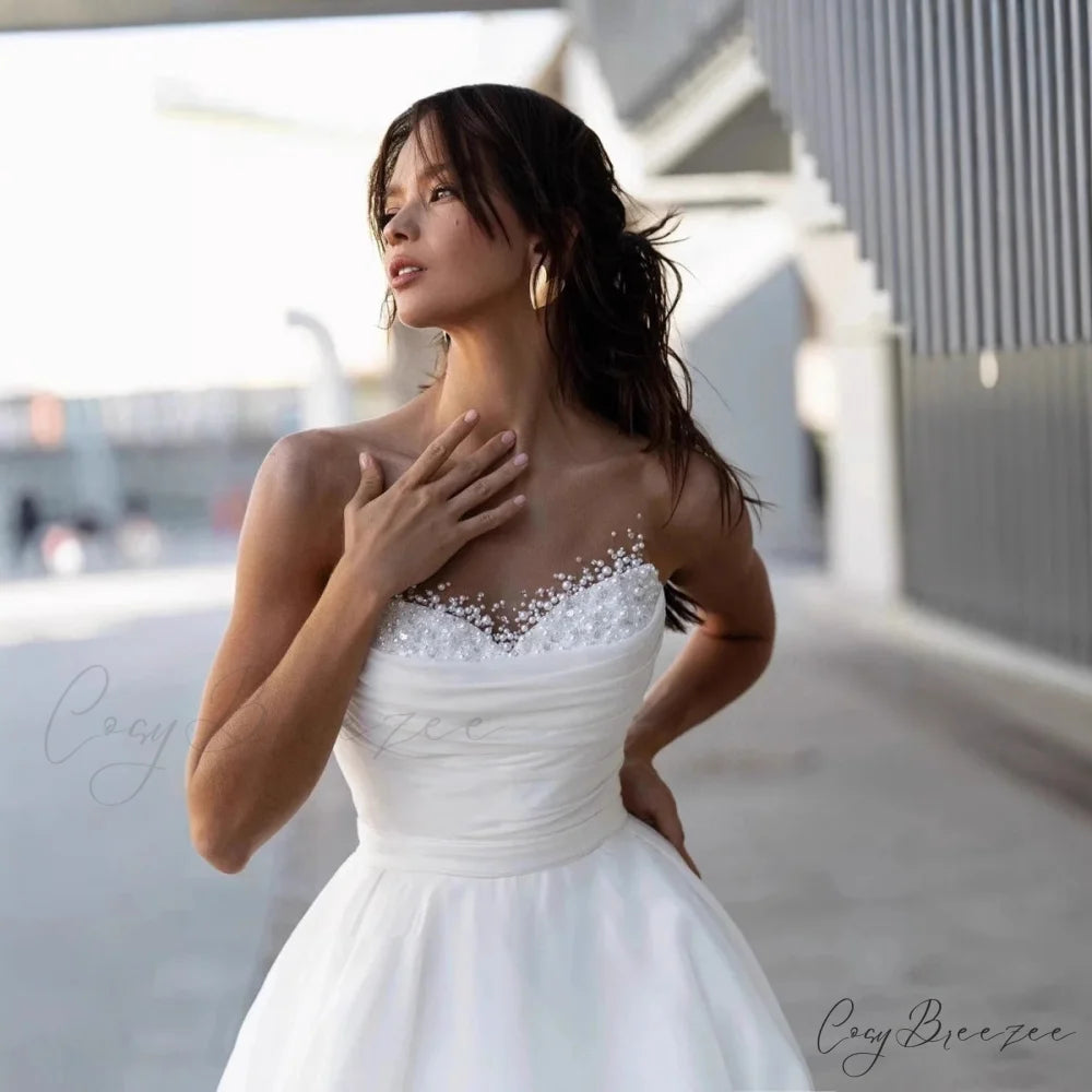 Strapless Sweet Lace Long Train Wedding Dress lvory white / 2 weddingdress-250223