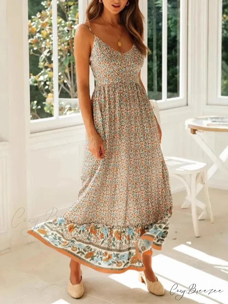 Strapless Vacation Summer Maxi Beach Boho Dress Beige / S bohodress-250126